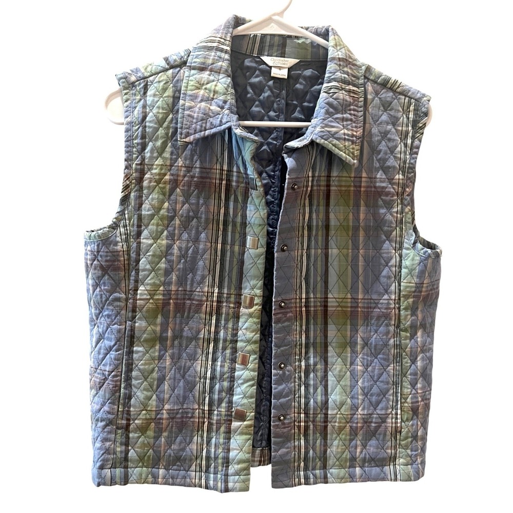 Coldwater Creek Quilted Vest Plaid Green Blue Womens Large Long
